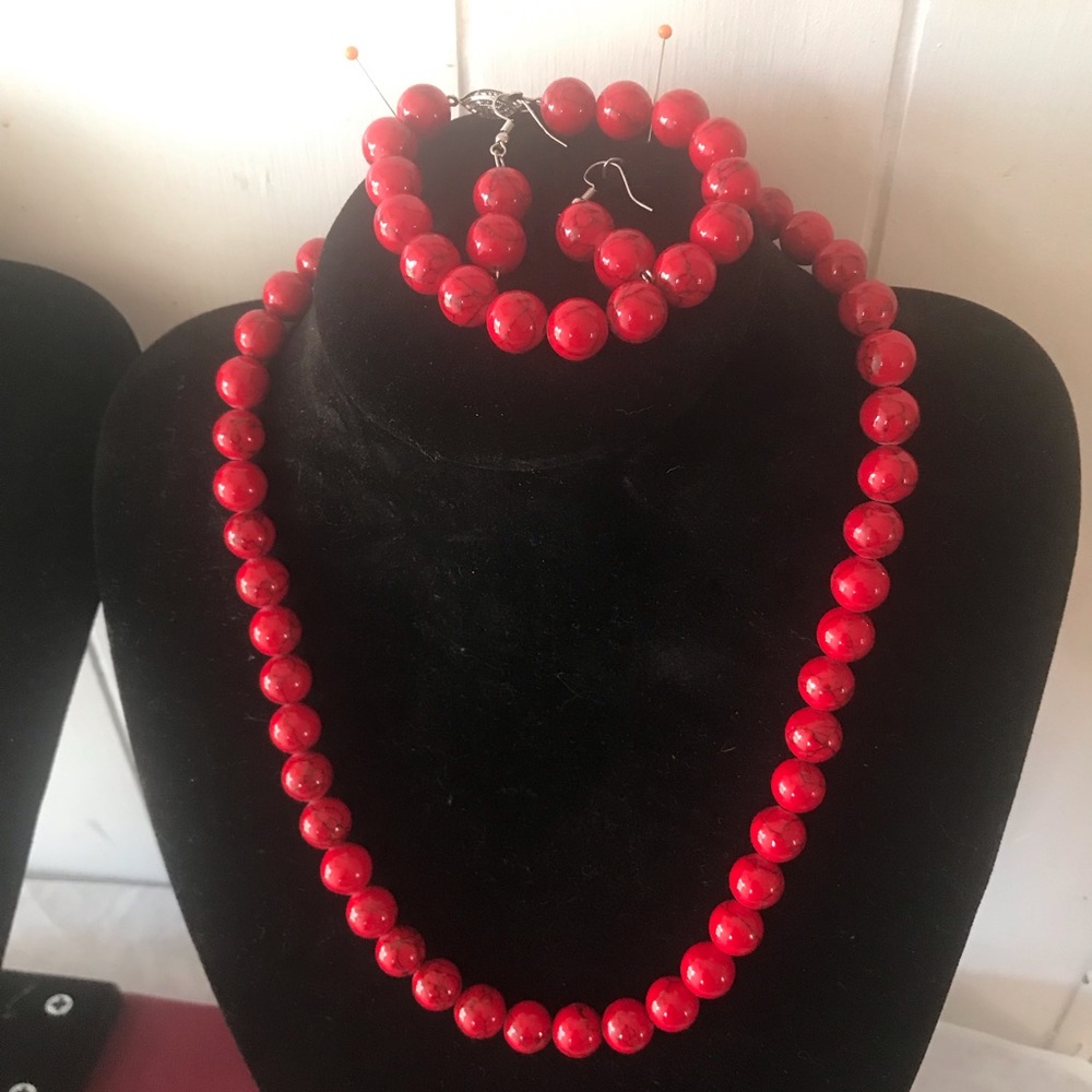 Red Artisan Coral Necklace, Bracelets, Earrings Jewelry Set